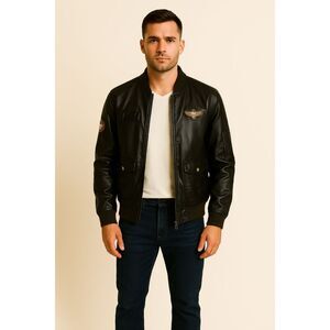 WenVen | Black Faux Leather Military Patch Bomber Jacket Size S | NWT